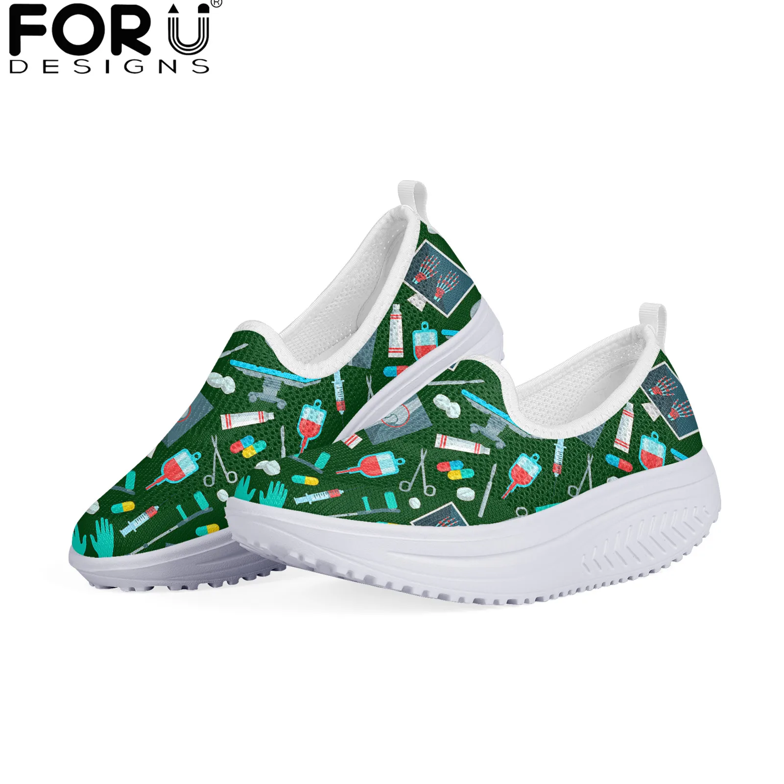 

FORUDESIGNS Nurse Pattern Summer Flats Platform Mesh Breathable Casual Shoes Ladies Slip On Swing Shoes Girl Slimming Shoes