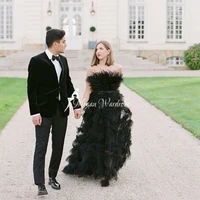 2021 newest fashion black off shoulder strapless long party dresses women feathers top ruffles tulle wedding dress photography