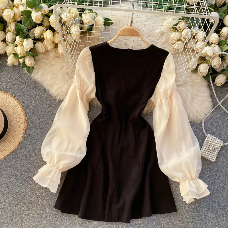 

Vintage Square Collar Mesh Patchwork Mini Dress Women Sweet Flare Long Sleeve Bow Vestidos Female 2021 New Fashion Spring Autumn