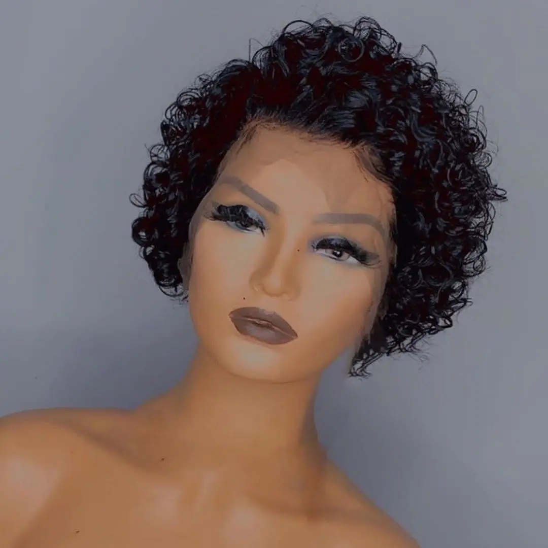 Pixie Cut Jerry Curly Human Hair Wigs 13x1 Lace Wigs Natural Black Colored Short Bob Wigs For Women Peruvian Remy Hair