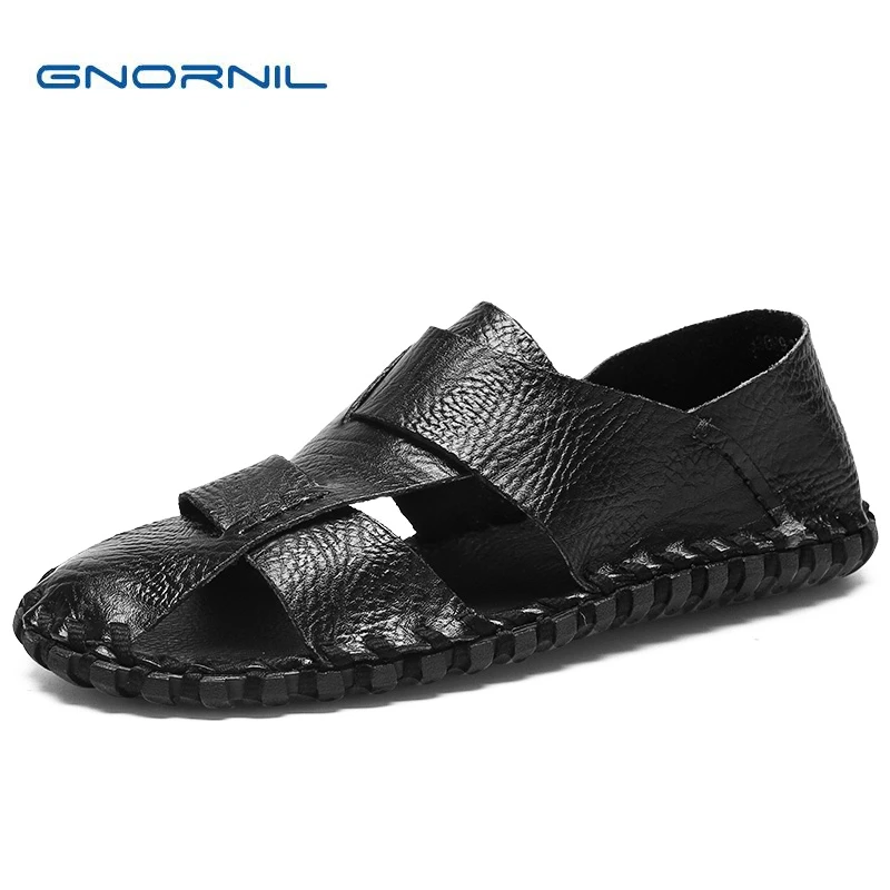 

GNORNIL Brand Men Sandals Leather Summer 2022 Fashion Soft Sole Genuine Leather Hand-sewn Slip On Rubber Casual Beach Men Shoes