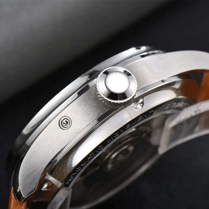 Мужские автоматические механические часы parnis ST2502 с черным циферблатом и датой 43