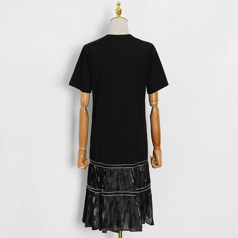 

TWOTWINSTYLE Loose Patchwork Casual Women's Dress Round Collar Short Sleeve Black Long Dresses Female Fashion New Clothing 2021