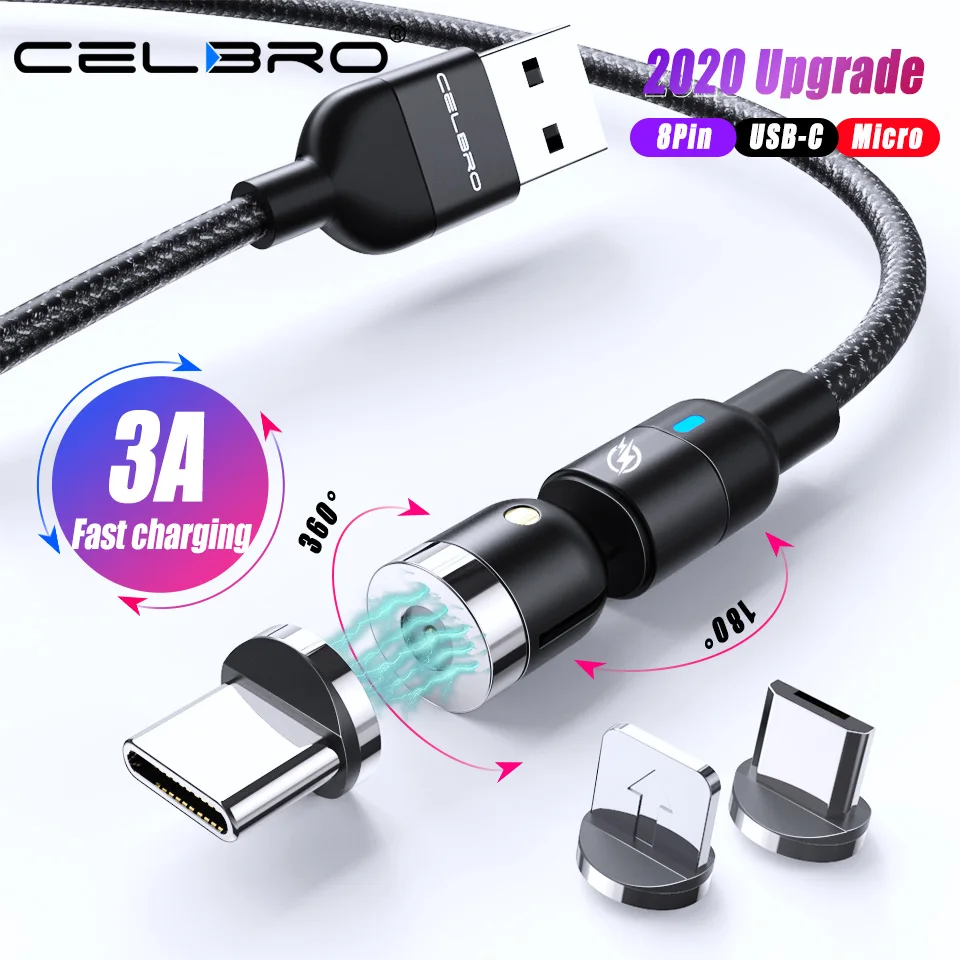 Магнитный зарядный кабель 3 А 2 м Usb в 1 Type C для Samsung S20 Note 10 Huawei P40 Xiaomi 540 °|Кабели