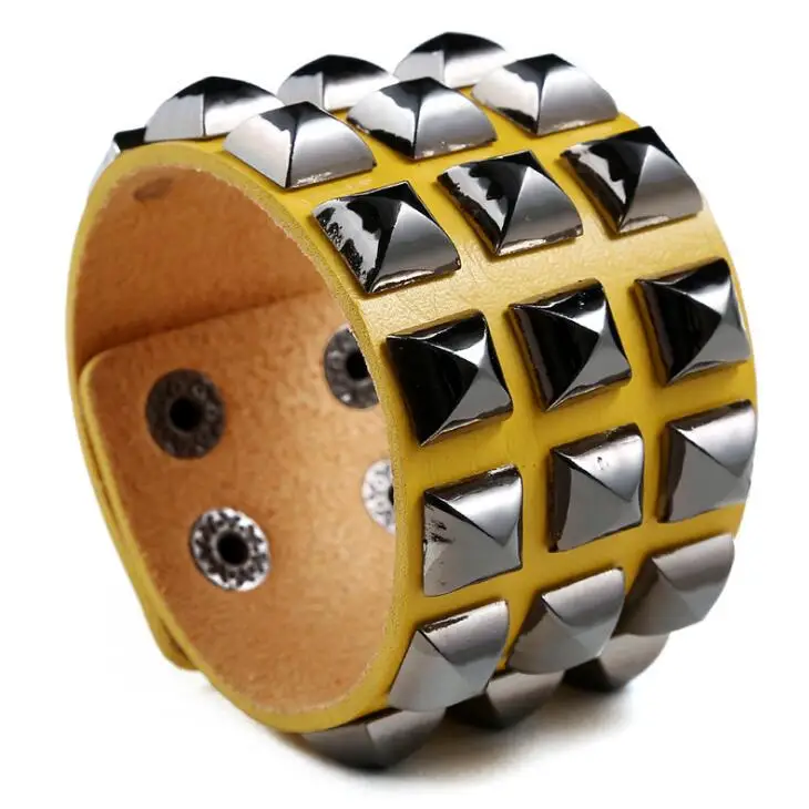 Yellow Black Rivets Панк готический рок ювелирные изделия для мужчин и женщин 3 ряда Заклепки-Шипы Конус гвоздики Шарм широкий кожаный браслет напульсники модный браслет для байкеров - Окраска металла: Yellow Black Rivets