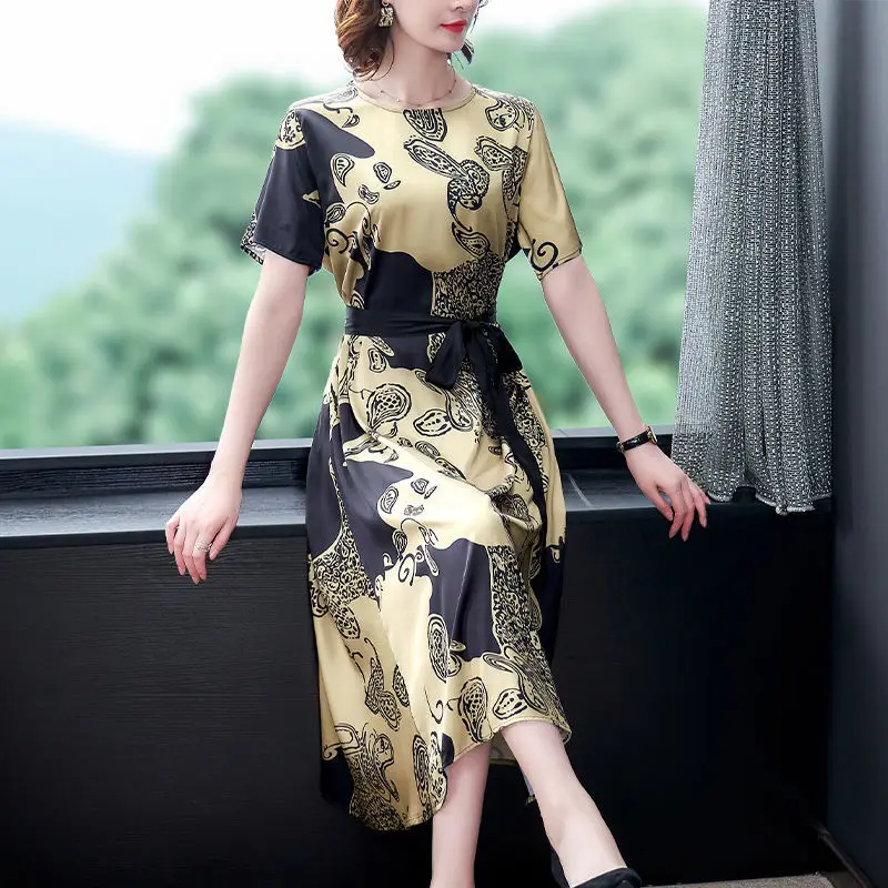 

2021 New Plus Size Summer Floral Print Midi Dresses Women O-neck Lace-up High Waist Slim A Line Dress Vestidos De Mujer X68