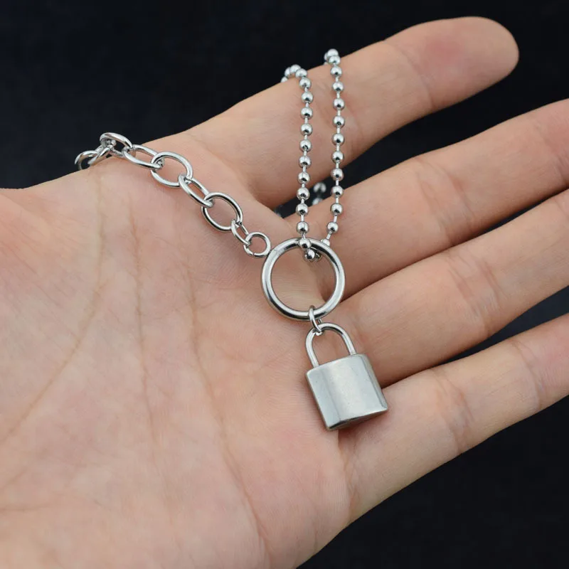 Drop Shipping Kpop Titanium Steel Mini Lock Pendant Necklace Women Asymmetry Chain Jewelry Collares Never Fade | Украшения и
