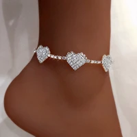 bling rhinestone chain link heart pendant anklets for women beach foot jewelry barefoot sandals leg chain crystal ankle bracelet
