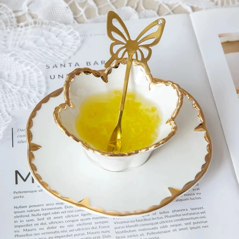 

Ceramic Lace Tableware Set Dessert Oatmeal Bowl with Butterfly Golden Spoon Afternoon Tea Cup Homeware Decoration