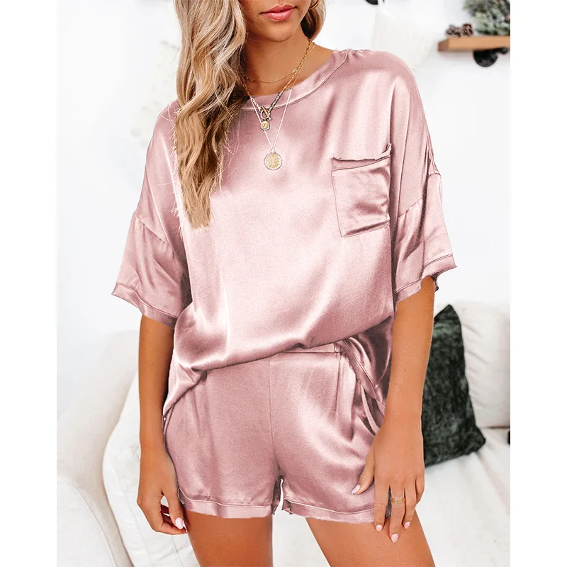 

2021 Women Short Sleeve Silk Pajamas Sets Summer Sleep T-shirt Shorts Pajama Sets Nightwear Ladies Plus Size Home Suit Sleepwear