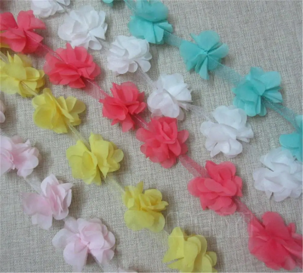 2 ярдов 3D цветочные лепестки из шифона листья ткани с кружевной отделкой Лента