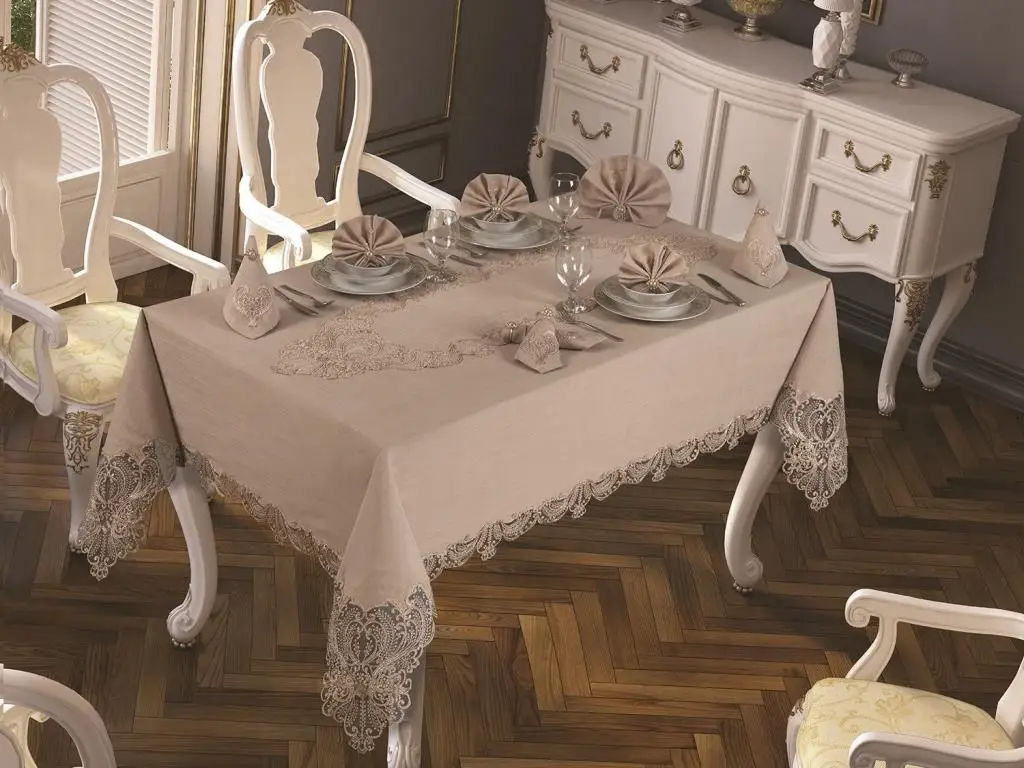 

French Güpürlü Jasmine Velvet Single Table Cloth Cappucino