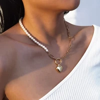 ailodo elegant pearl chain heart pendant necklace for women gold silver color party wedding necklace fashion jewelry girls gift