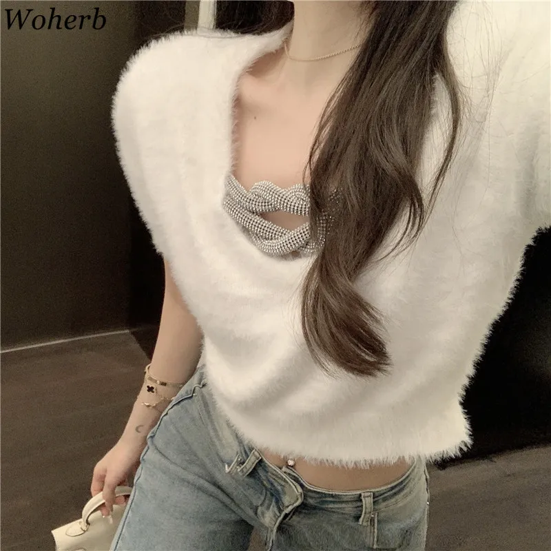 Женские свитера Woherb осенняя одежда сексуальные укороченные пуловеры с V-образным