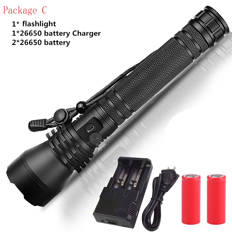 With 2 26650 Battery Мощный XHP70.2 светодиодный фонарик XHP50 с подзарядкой от USB, масштабируемый водонепроницаемый фонарь с батареей 18650 26650 для охоты - Испускаемый цвет: With 2 26650 Battery
