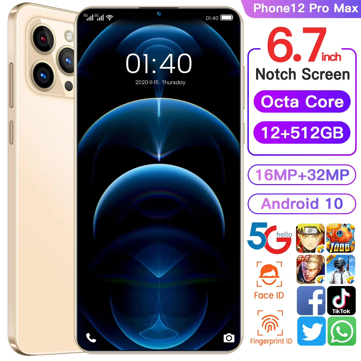 

6.7inch I12 Pro Max 12G+512G Otca 10 Core 5G 5200mAh 16MP+32MP Battery Face ID Fingerprint Android 10 MTK6875 Telephone