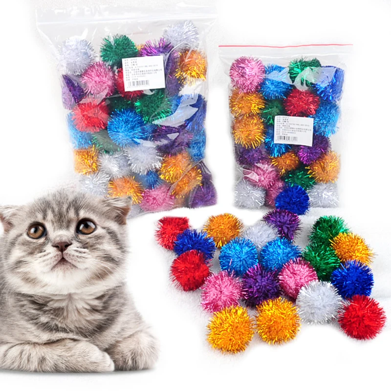 

10/20/50pcs Pet Cat Toys 3.5cm Glitter Ball Cat Toys Cat Ringing Paper Ball Toys Kitten Pompoms Balls with Tinsel Pets Supplies