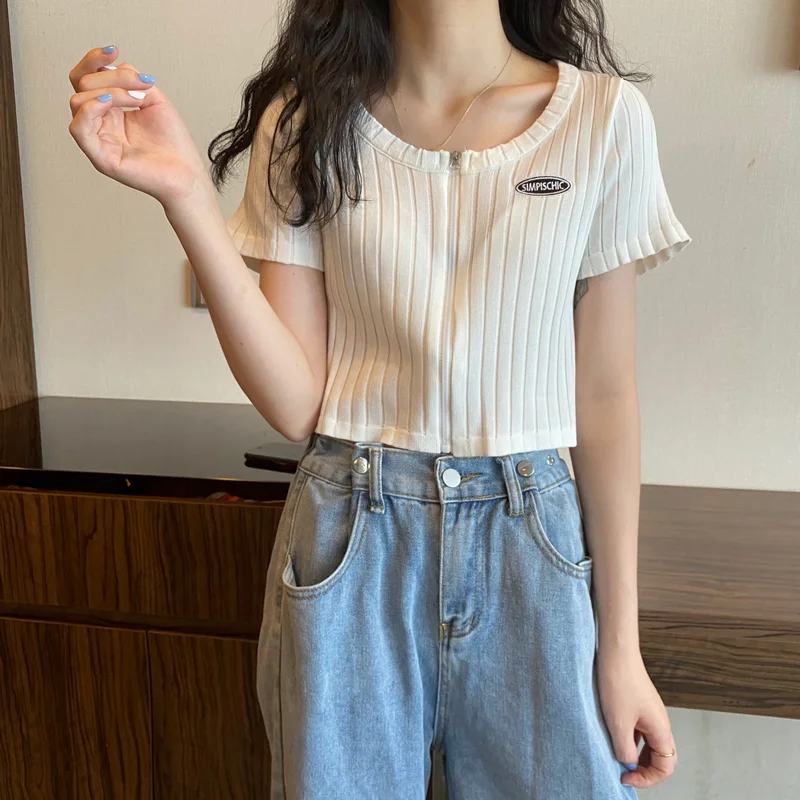 2021 Women Summer Up Knitted Crop Top Female Casual Skinny Tank Tops O-neck Slim T-shirts Stripes Hem Short Sleeve Crop Tees