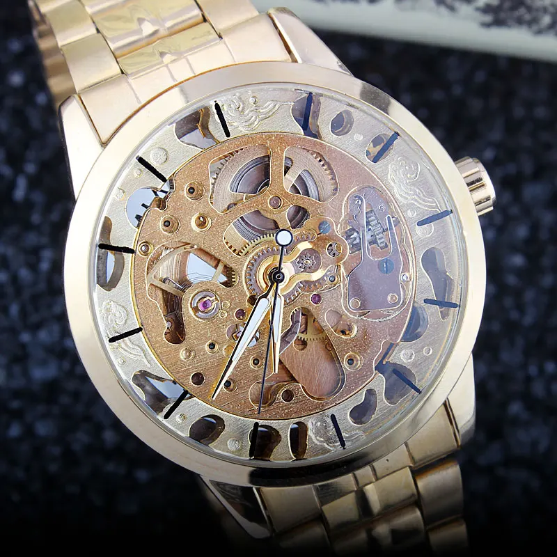 

Luxury Men's Mechanical Wristatches Golden Skeleton Dial Gold Stainless Steel Strap Business Gifts for Men 2021 Hot Sale New