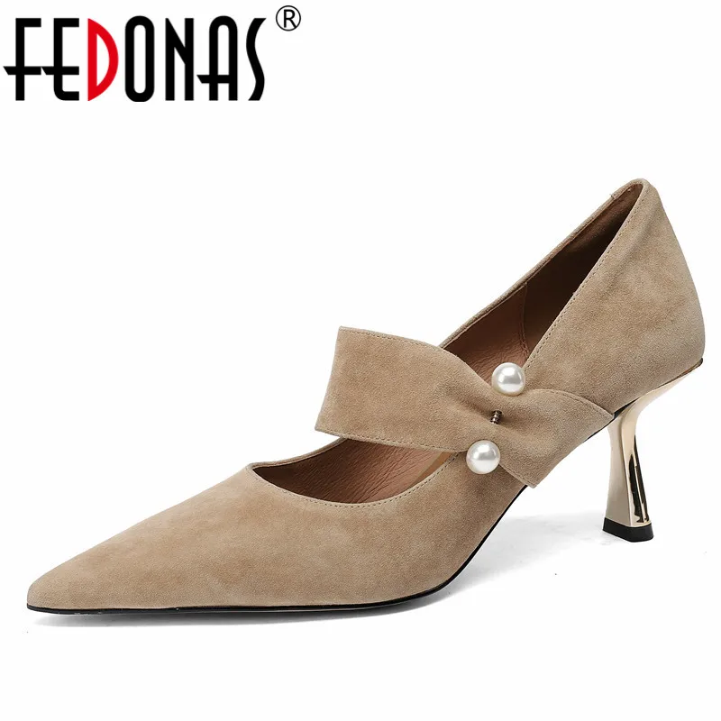 

FEDONAS Spring Summer Women Pumps Elegant Fashion Pearl Mary Janes Kid Suede Leather High Heels Shoes Woman Wedding Prom Party