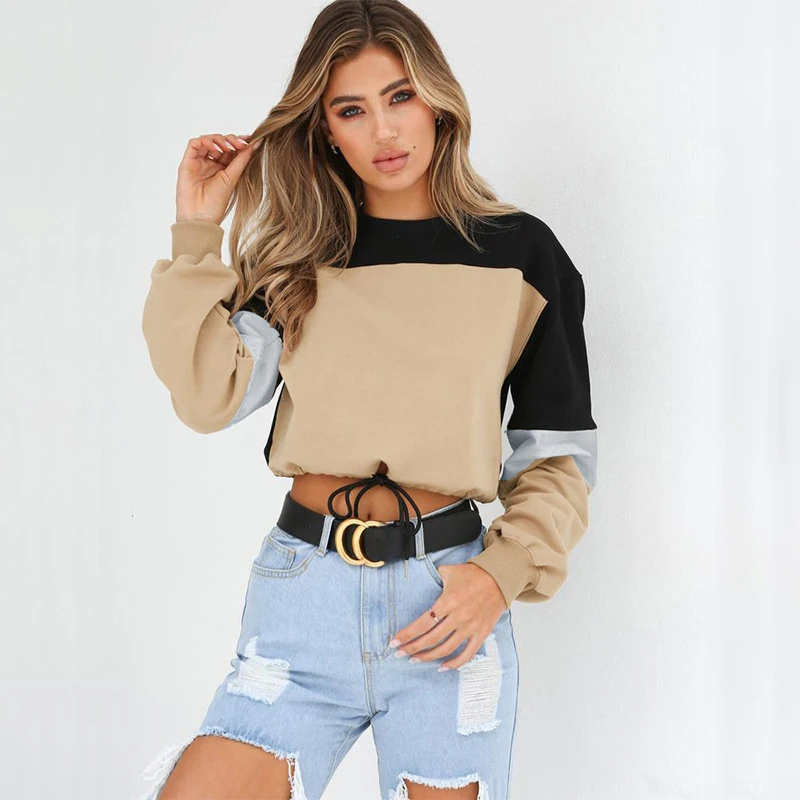 

CN Autumn 2020 Casual Sweatshirt Women Long Sleeve Splice Pullover Hoodies O Neck Short Lace Up Women Sweatshirt