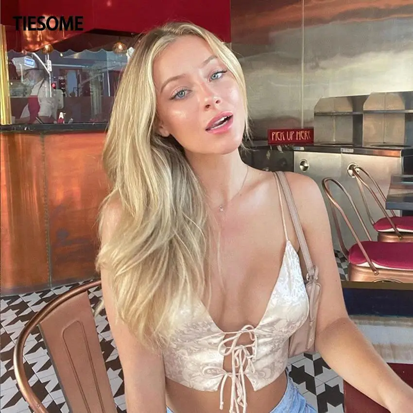 

TIESOME Camisole Women 2020 New Summer Bandage Sexy Top Club Party Wear Female Silk Camis V-Neck Short Tops Lady Street Wear