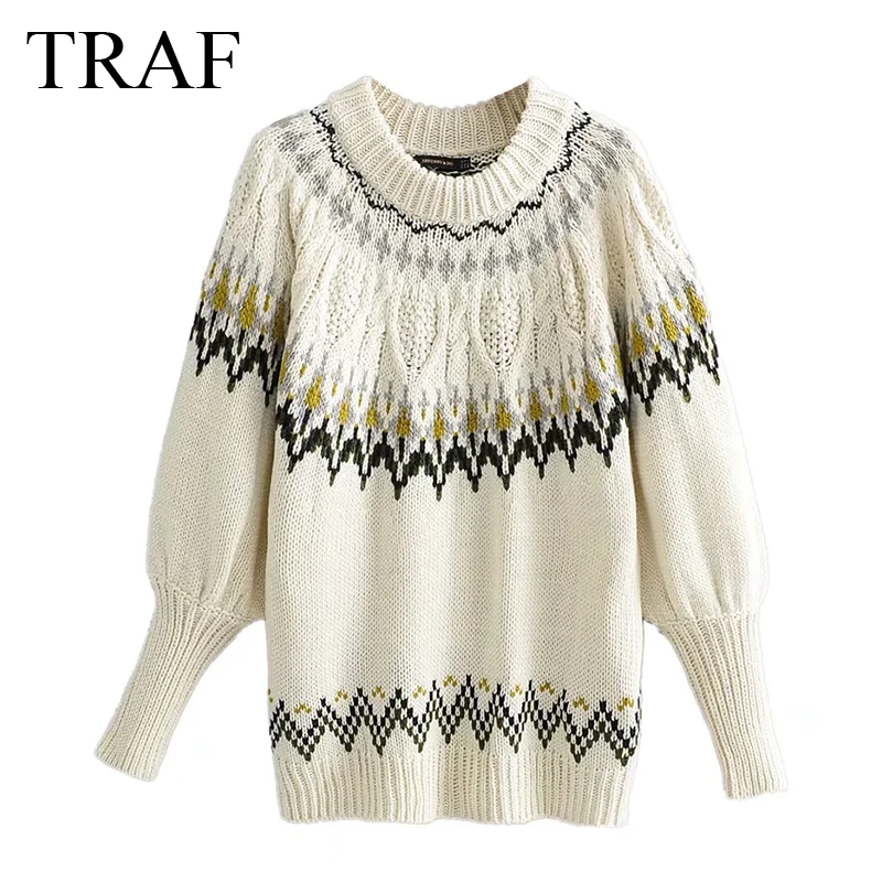 

TRAF ZA Women's Clothing Sweater Fashion Autumn Long-Sleeved Fashion Knitted Casual Pullover Color Contrast Stripe Loose Sweater
