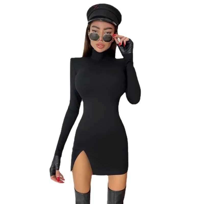 

2021 Long Sleeve Solid Turtleneck Cut Out Shoulder Pads Mini Dress Spring Summer Women Fashion Sexy Party Club Outfits