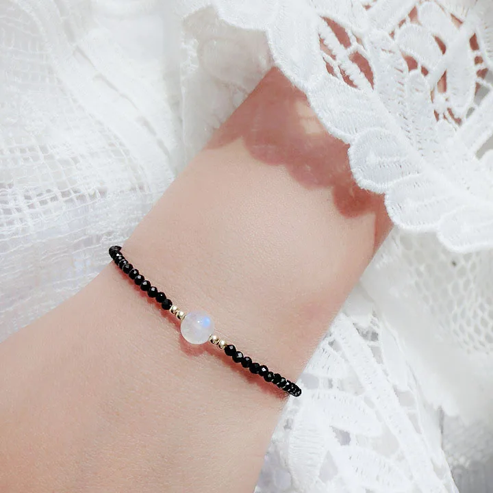 

LiiJi Unique Fashion Women Bracelet Real Black Spinel 2-3mmReal Moonstone 7-8mm925 Sterling Silver Clasp Bracelet 7''-8''