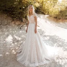 Прозрачное свадебное платье цвета шампанского с изысканным кружевным глубоким вырезом и поясом с бусинами свадебное платье Свадебные платья