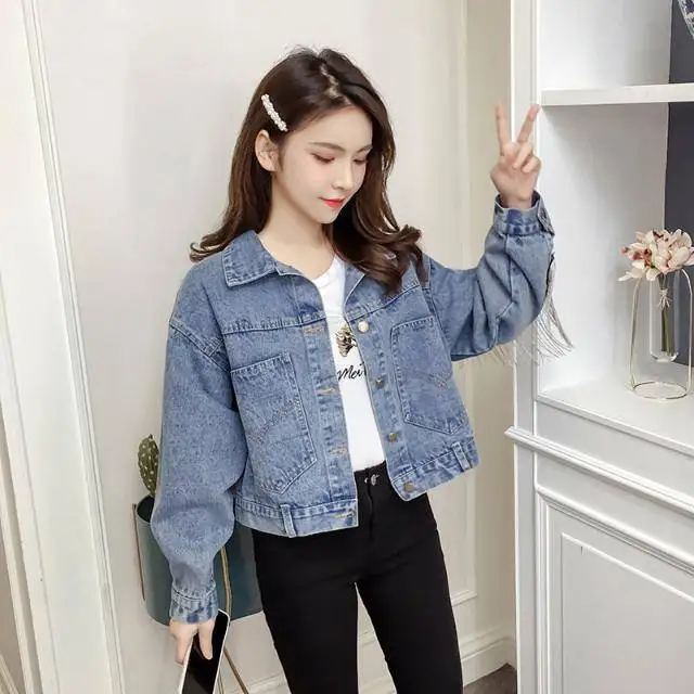 Autumn Spring Denim Jacket Women Fashion Coats Bling Sequins Long Sleeves Embroidery Basic XZ011 | Женская одежда