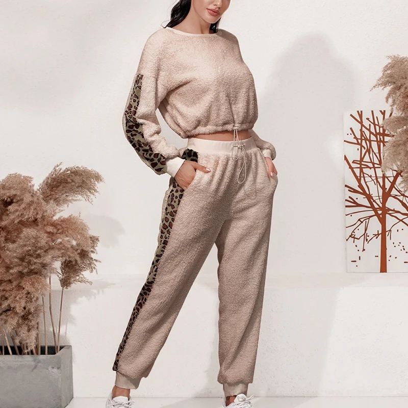 

Autumn and Winter Sportswear Leisure Leopard Print Stitching Double-Sided Fleece Two-Piece Suit