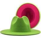 Простой внешний зеленый внутренний розовый лоскутный Женский широкий полями фетровые шляпы леди Панама Винтаж унисекс шляпа Федора Джаз Кепка L XL