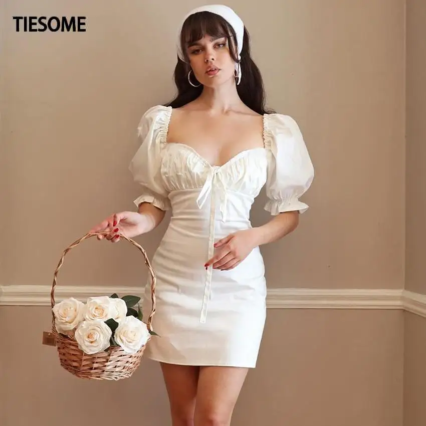 

Женское облегающее платье TIESOME, летнее платье с вырезом лодочкой и пышными рукавами, однотонные платья на завязках, женская одежда 2020