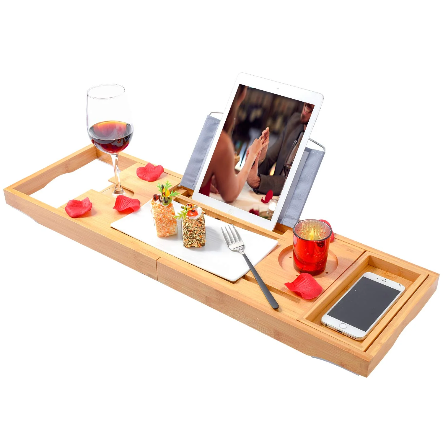 Bamboo Bathtub Trays Bath Table Expandable Luxury Caddy Tray with Extending Sides Cellphone Book Tray and Wineglass Holder