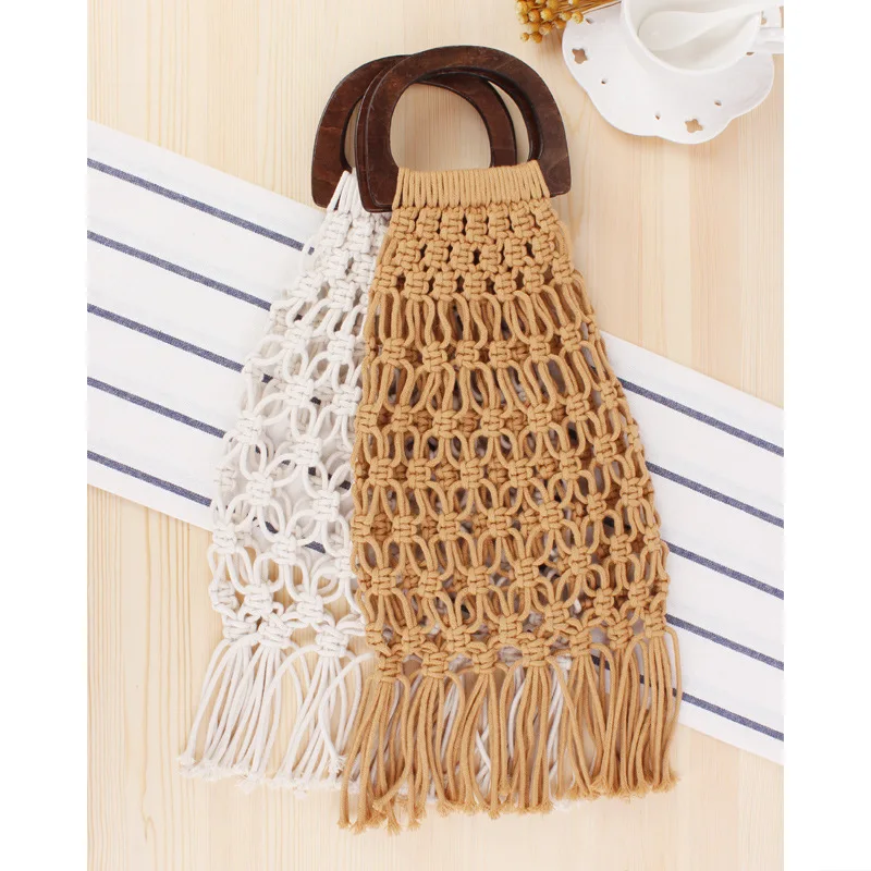 

21x28CM Ins New Wooden Handle Handbag Net Bag Straw Hand-woven Bag With Cotton Rope Natural Style Beach Women a7271