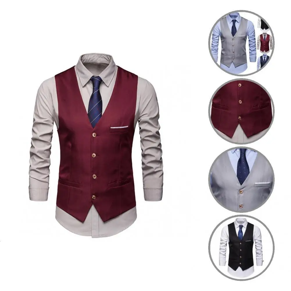 

Дышащий Стильный однобортный мужской костюмный жилет, классический деловой жилет с V-образным вырезом для работы