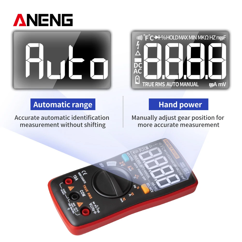 AN113D Digital Multimeter 6000 Counts Electrical Transistor Tester Temperature Auto Ranging AC/DC Voltage Meter for Electrician