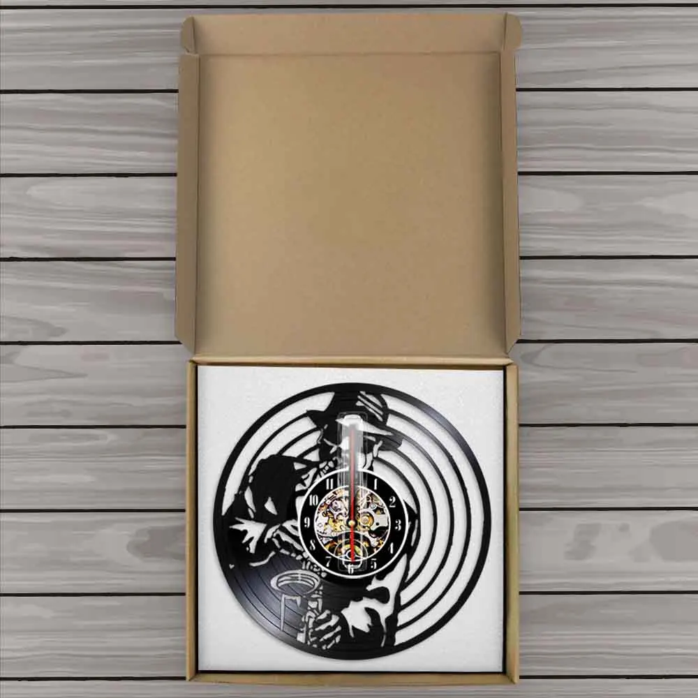 

Jazz Music Saxophone Player Silhouette Wall Clock Silent Quartz Modern Design Vinyl Record Wall Clock Decor 3D Wall Watch