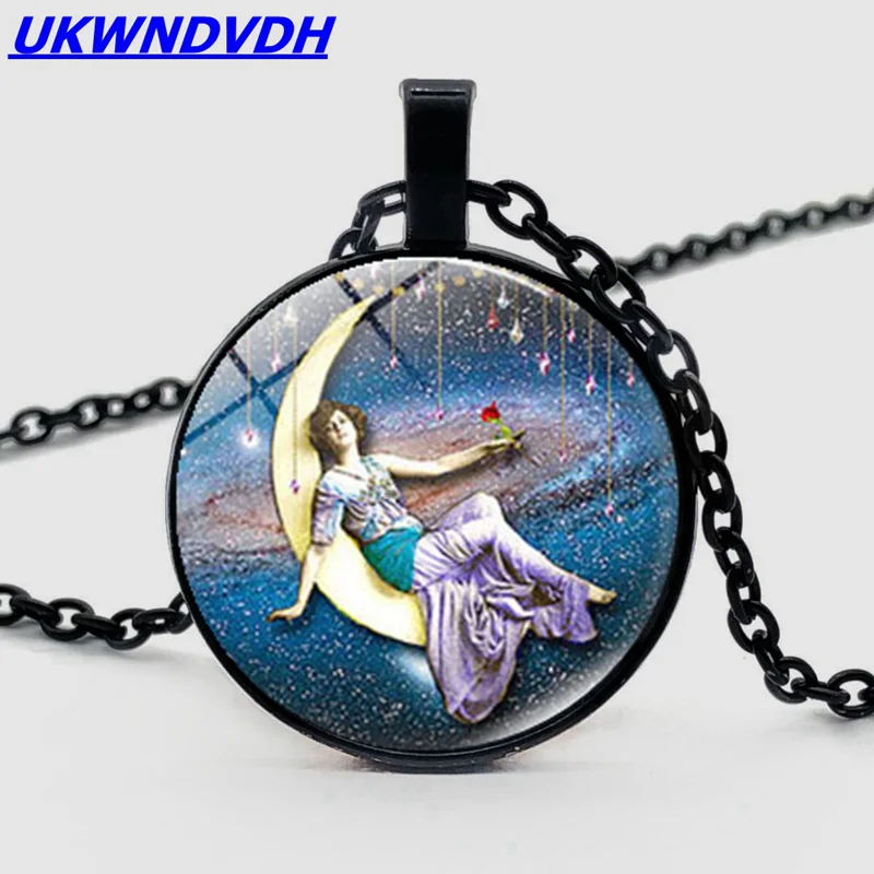 

Man and moon concave round necklace fashion glass pendant jewelry jewelry gift