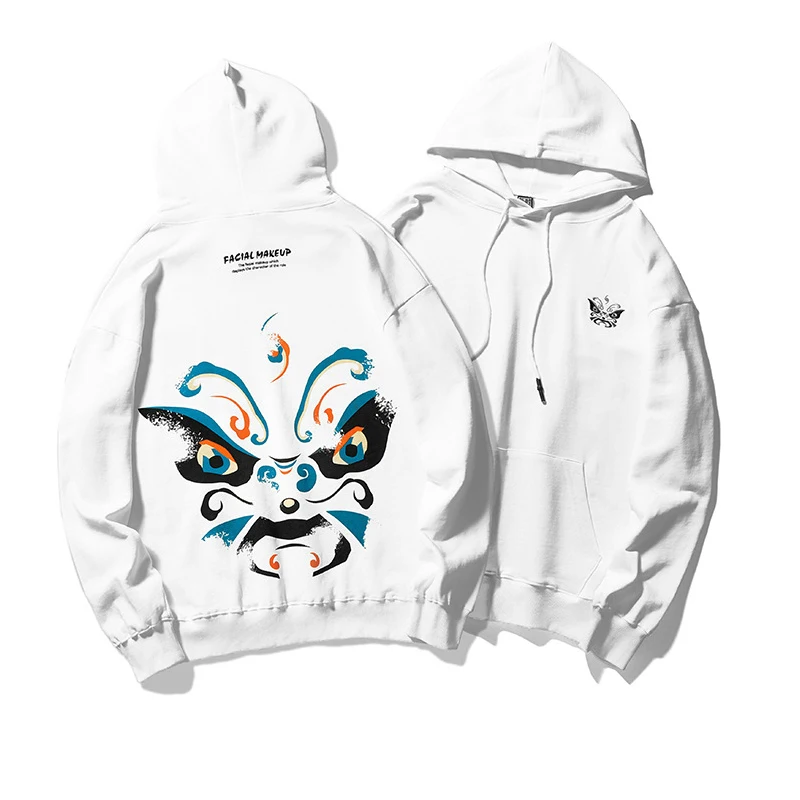 

Chinese style Beijing Opera Face print hooded sweater for men trendy hip-hop loose jacket large men's fashion brand sweater