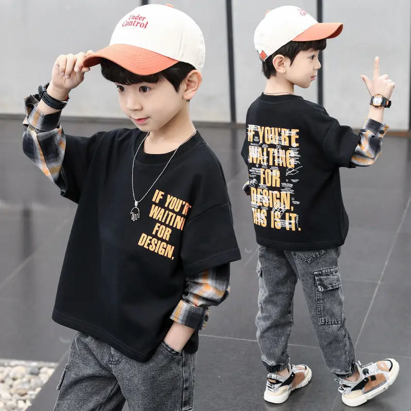 

Boys Spring And Autumn Sweater Fashion Letter Printing Youth Fashion Plaid Patchwork Long Sleeve Boys Casual Sportswear 3-12 Y