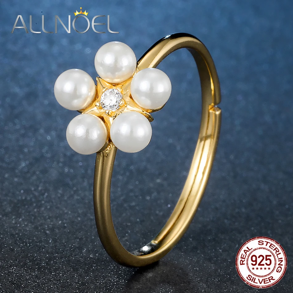 ALLNOEL 925 пробы Серебряное настоящее кольцо с цветком и жемчужиной женское желтое