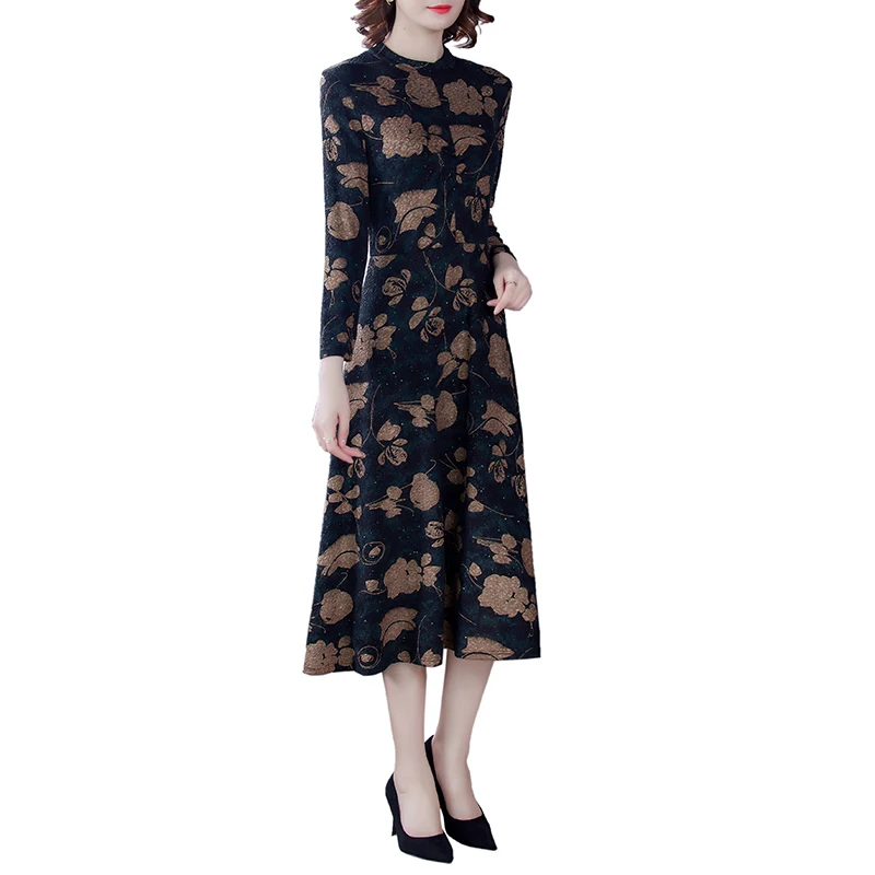 

2021 Spring 4XL Plus Size Print Sequins Maxi Dresses Winter Vintage Floral Long Sleeve Dresses Elegant Women Bodycon Party Night