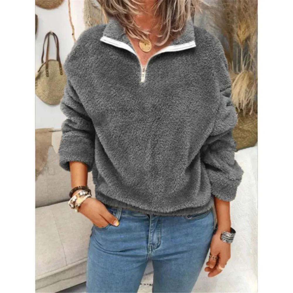 

Sweatshirt Women Solid Color Loose Half Zip Neck Plush Sweatshirt Casual Plus Size Fleece Warm Female Tops