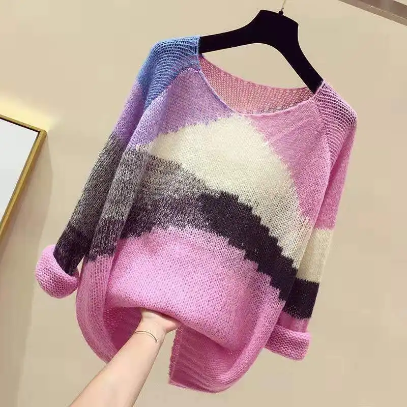 

Sexy Women Knitted Pullover Hollow Sweater Female Spring Fashion Tops Long Sleeve Round Neck Striped Casual Loose Top Y108