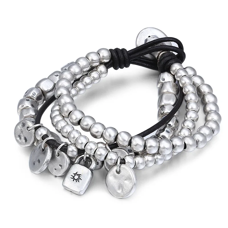 Bracelet Креативный 3D Жесткий Серебряный Многослойный кожаный браслет с веревочкой, браслеты с подвесками, браслет, серебро 999 пробы, женский, мужской браслет, еврей - Окраска металла: Bracelet