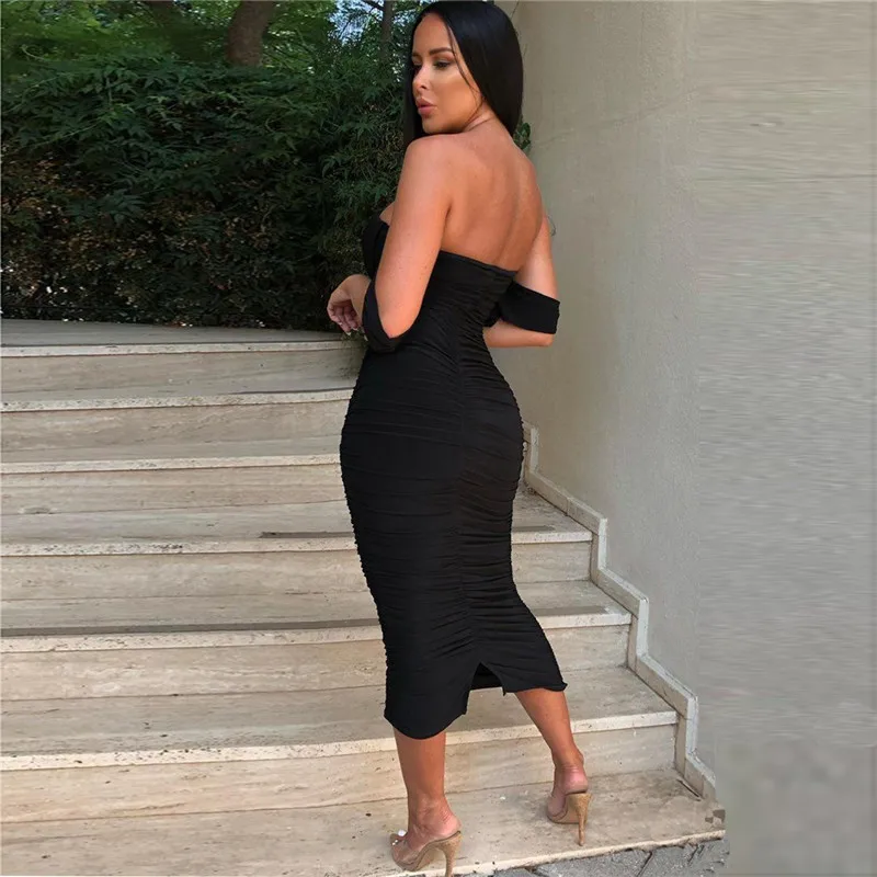 

2020 Sexy Party Dress Women Strapless Skinny Fashion Solid color Sleeveless Off the Shoulder Knee-Length Women Dress Vestidos