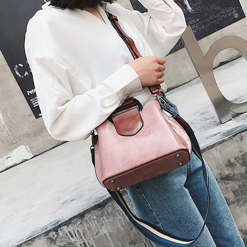 

simple oil wax leather bucket bag Womens Crossbody Bags color wide shoulder strap Luxury Handbag Designer Ladies Shoulder Bags