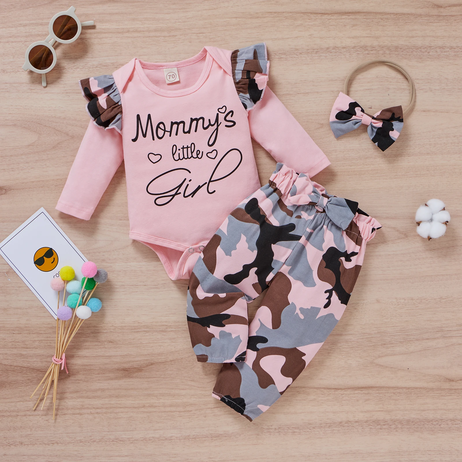 

2021 Baby Girls Clothes Set Letter Print Long Sleeve O-neck Romper Camouflage Trousers Plus Headband 0-18M